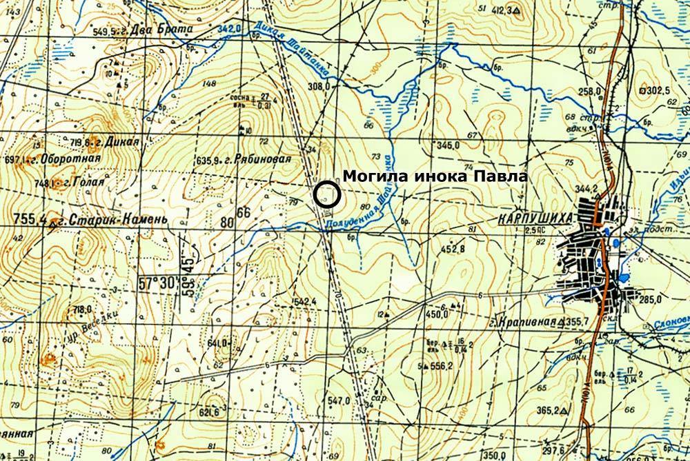 Карта пути от Карпушихи до могилы инока Павла